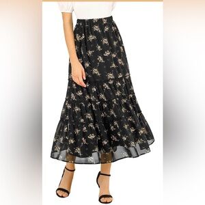 Allegra K Black Floral Tiered Maxi Skirt